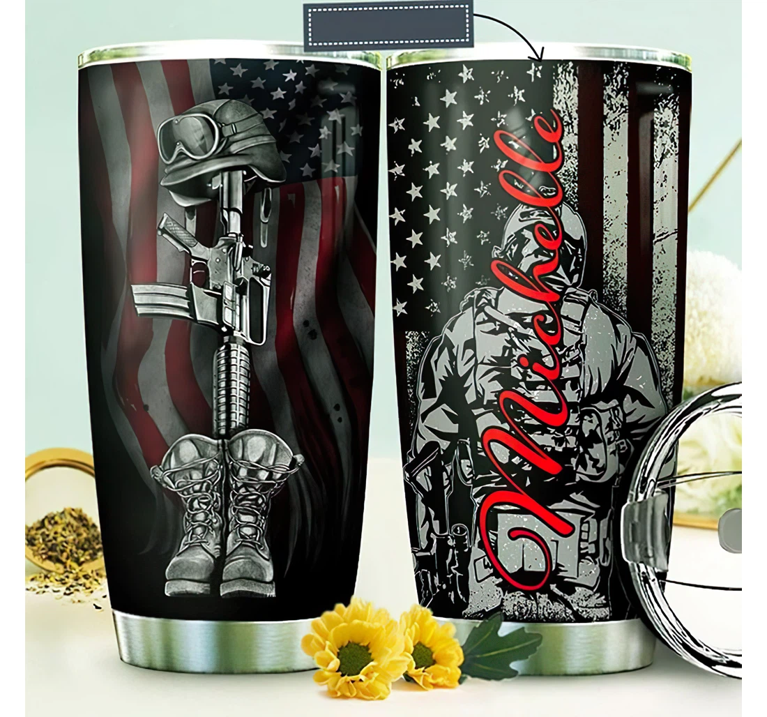 Personalized Name Us Veteran Boots Flag Gun Or Home Outdoor Office School Tumbler 20 - 30oz With Lid, Travel Coffee Mug