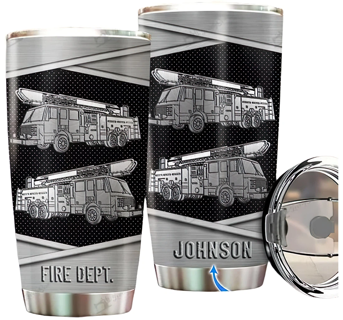 Personalized Name Fire Dept Truck Silver Style Or Home Outdoor Office School Tumbler 20 - 30oz With Lid, Travel Coffee Mug