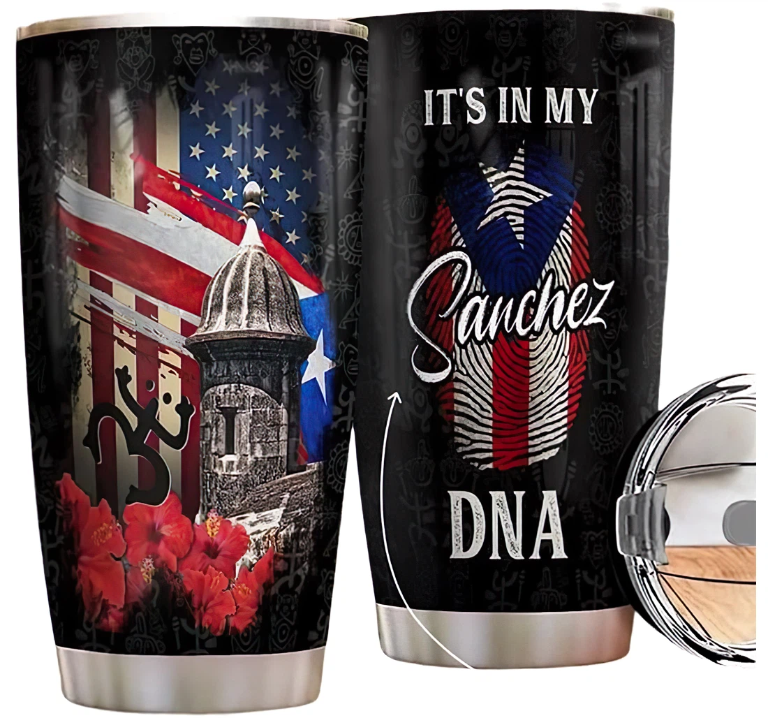 Personalized Name Puerto Rico Symbols Us Flag It's In My Dna Or Home Outdoor Office School Tumbler 20 - 30oz With Lid, Travel