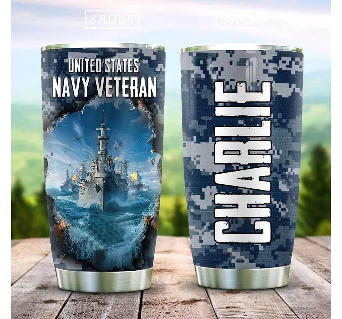 Personalized Name Us Navy Veteran Blue Camo Or Home Outdoor Office School Tumbler 20 - 30oz With Lid, Travel Coffee Mug