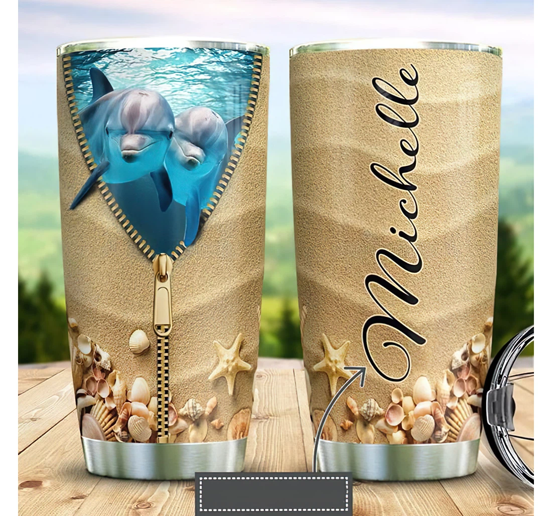 Personalized Name Dolphin Ocean Sand Zipper Or Home Outdoor Office School Tumbler 20 - 30oz With Lid, Travel Coffee Mug