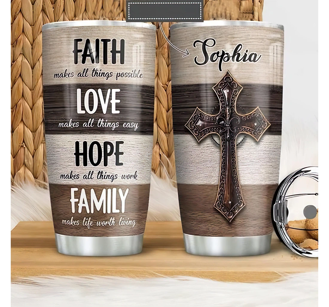 Personalized Name Faith Hope Love Family Cross 2 Or Home Outdoor Office School Tumbler 20 - 30oz With Lid, Travel Coffee Mug