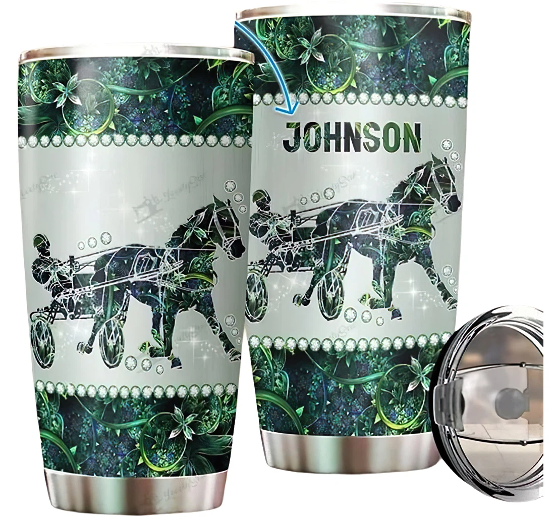 Personalized Name Harness Racing Flower And Green Leaves Pattern Or Home Outdoor Office School Tumbler 20 - 30oz With Lid, Mug