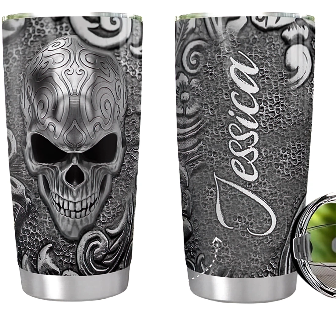 Personalized Name Skull Stone Pattern Or Home Outdoor Office School Tumbler 20 - 30oz With Lid, Travel Coffee Mug