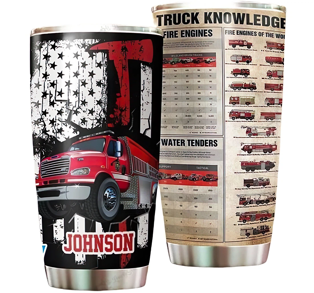 Personalized Name Fire Truck Knowledge Us Flag Or Home Outdoor Office School Tumbler 20 - 30oz With Lid, Travel Coffee Mug