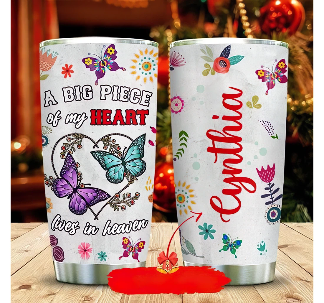 Personalized Name Butterfly My Heart In Heaven Or Home Outdoor Office School Tumbler 20 - 30oz With Lid, Travel Coffee Mug