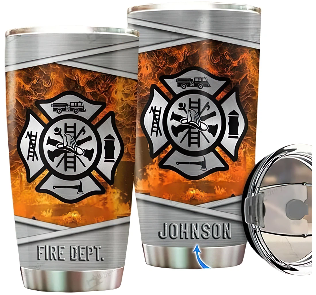 Personalized Name Firefighter Fire Dept Silver Style Or Home Outdoor Office School Tumbler 20 - 30oz With Lid, Travel Coffee