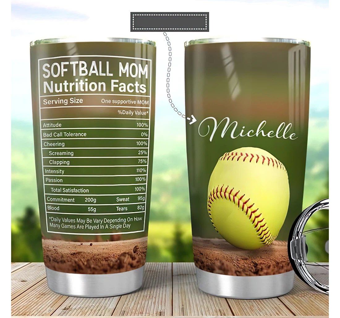 Personalized Name Softball Mom Facts Or Home Outdoor Office School Tumbler 20 - 30oz With Lid, Travel Coffee Mug