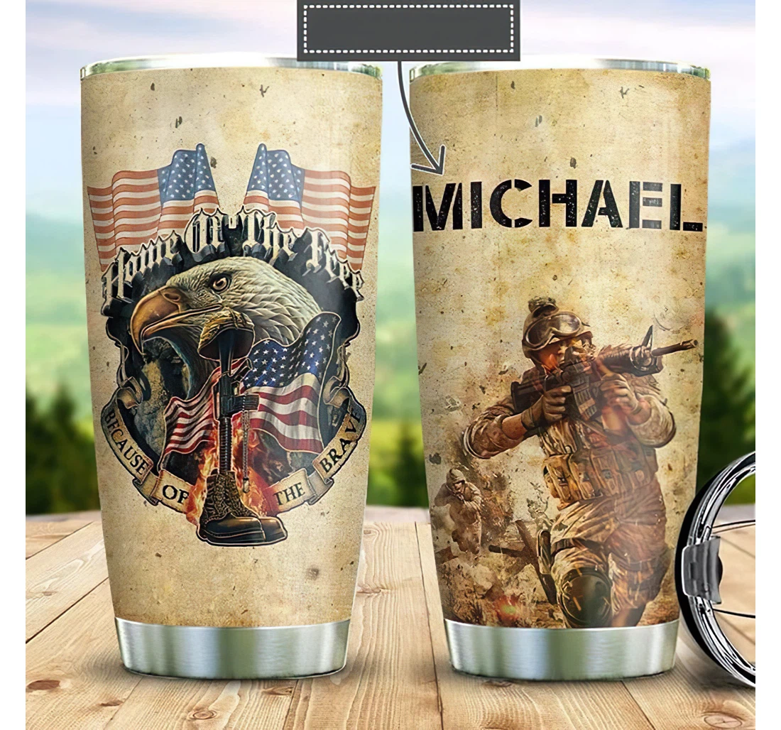 Personalized Name Veteran Eagle Us Flag Home Of The Free Or Home Outdoor Office School Tumbler 20 - 30oz With Lid, Travel Mug