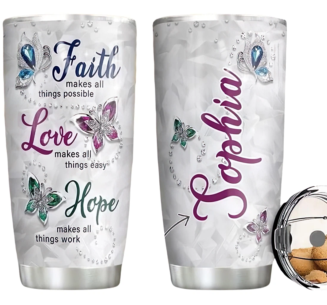 Personalized Name Butterfly Gemstone Faith Love Hope Or Home Outdoor Office School Tumbler 20 - 30oz With Lid, Travel Coffee