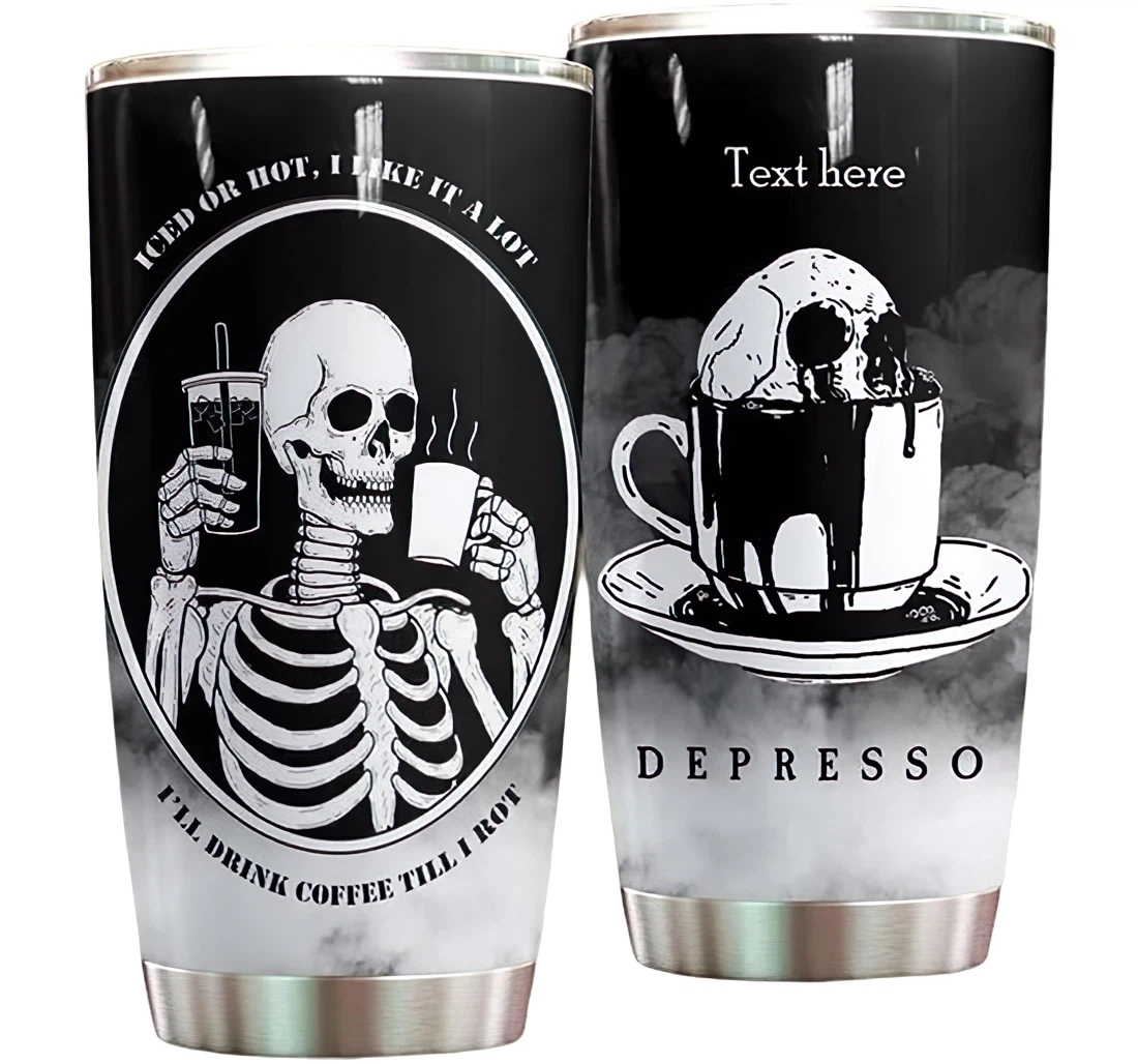 Personalized Name Skull And Coffee Depresso Iced Or Hot Or Home Outdoor Office School Tumbler 20 - 30oz With Lid, Travel Coffee