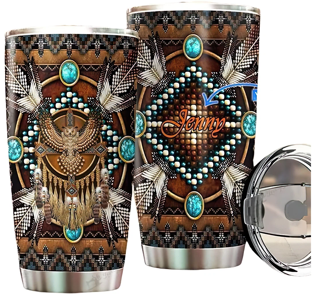 Personalized Name Native American Owl Brown Pattern Or Home Outdoor Office School Tumbler 20 - 30oz With Lid, Travel Coffee Mug
