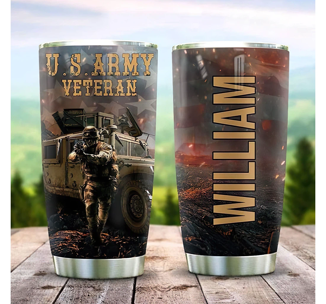 Personalized Name Us Army Veteran War Scene Us Army Hero Or Home Outdoor Office School Tumbler 20 - 30oz With Lid, Travel Mug