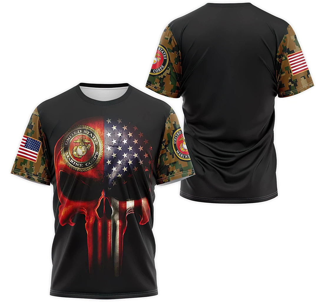 T-Shirt, Hoodie - Military US Marine Corps American Skull Flag Camo 3D Printed