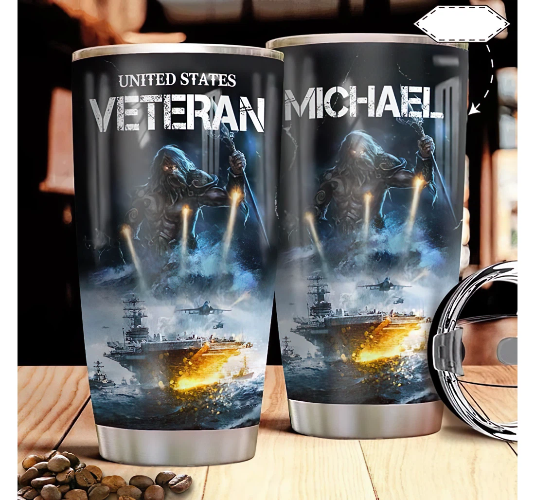 Personalized Name Us Navy Veteran Poseidon Ocean Art Or Home Outdoor Office School Tumbler 20oz With Lid, Travel Coffee Mug