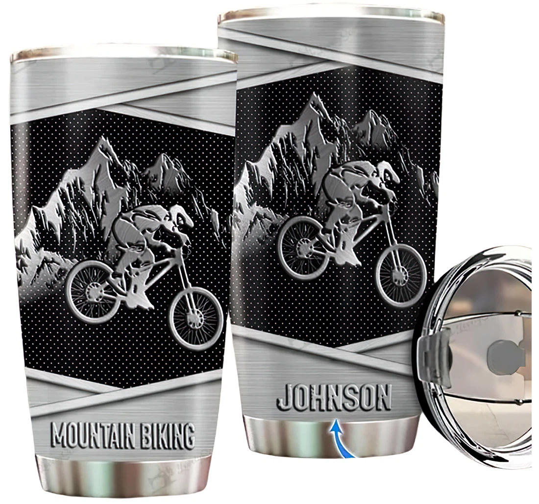 Personalized Name Mountain Biking Silver Style Or Home Outdoor Office School Tumbler 20oz With Lid, Travel Coffee Mug