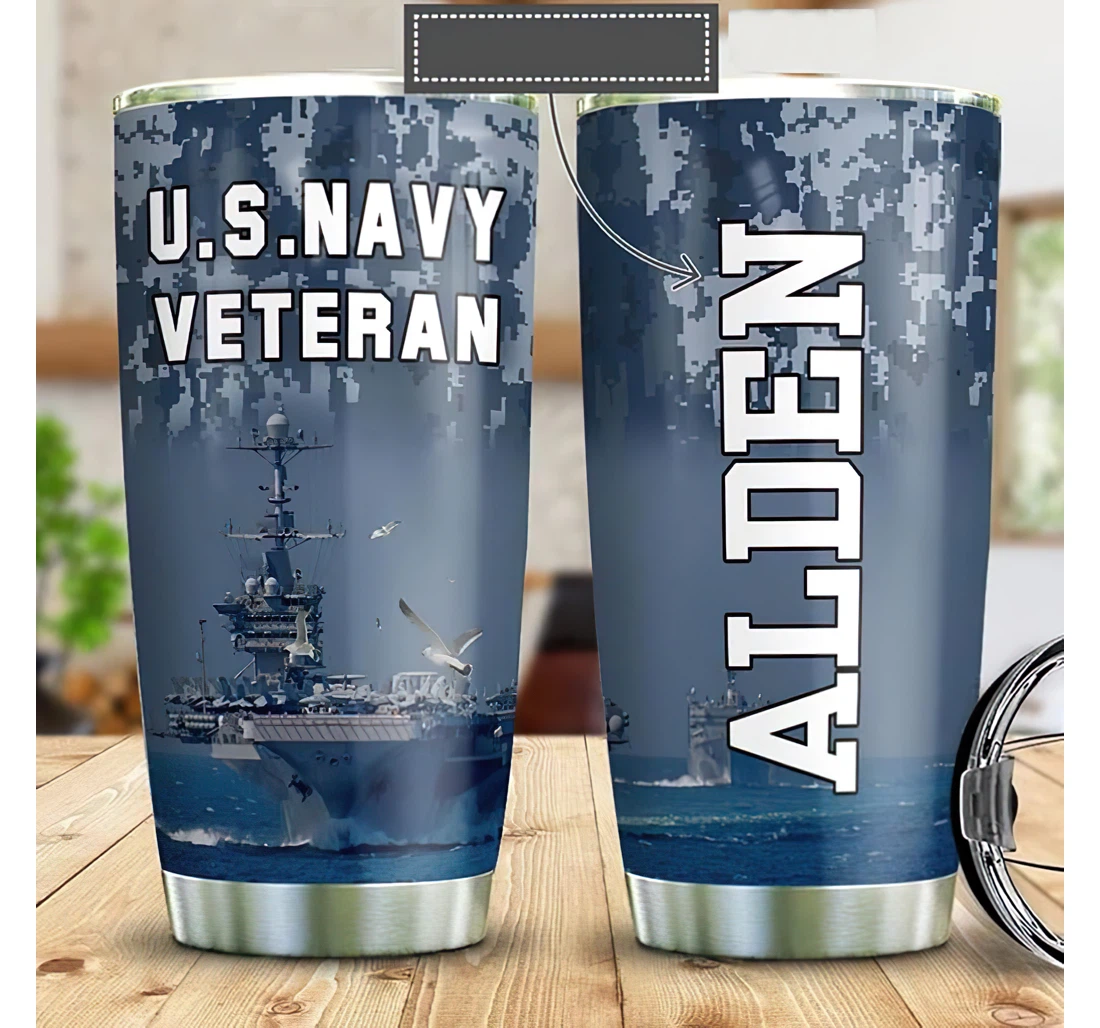 Personalized Name Navy Veteran Blue Camo Ship Art Or Home Outdoor Office School Tumbler 20oz With Lid, Travel Coffee Mug