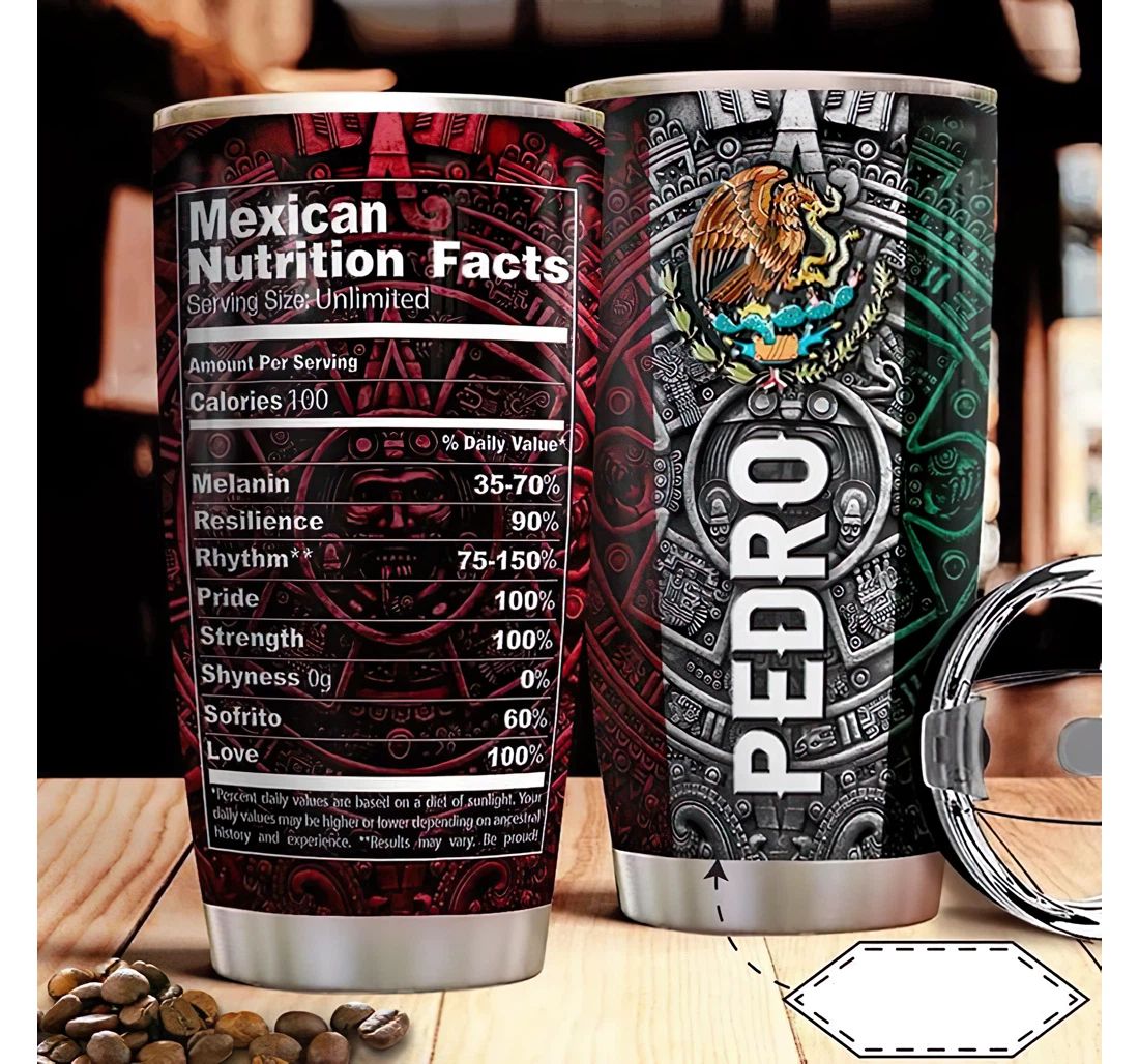 Personalized Name Mexican Facts Symbols Pattern Or Home Outdoor Office School Tumbler 20oz With Lid, Travel Coffee Mug