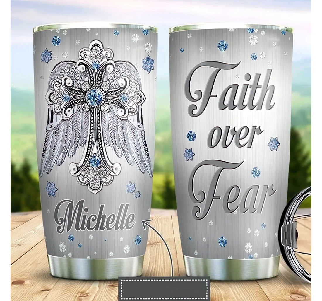 Personalized Name Faith Over Fear Cross Gemstone Glitter Or Home Outdoor Office School Tumbler 20oz With Lid, Travel Coffee Mug