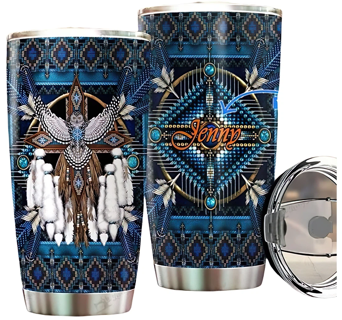 Personalized Name Native American Owl Blue Pattern Or Home Outdoor Office School Tumbler 20oz With Lid, Travel Coffee Mug