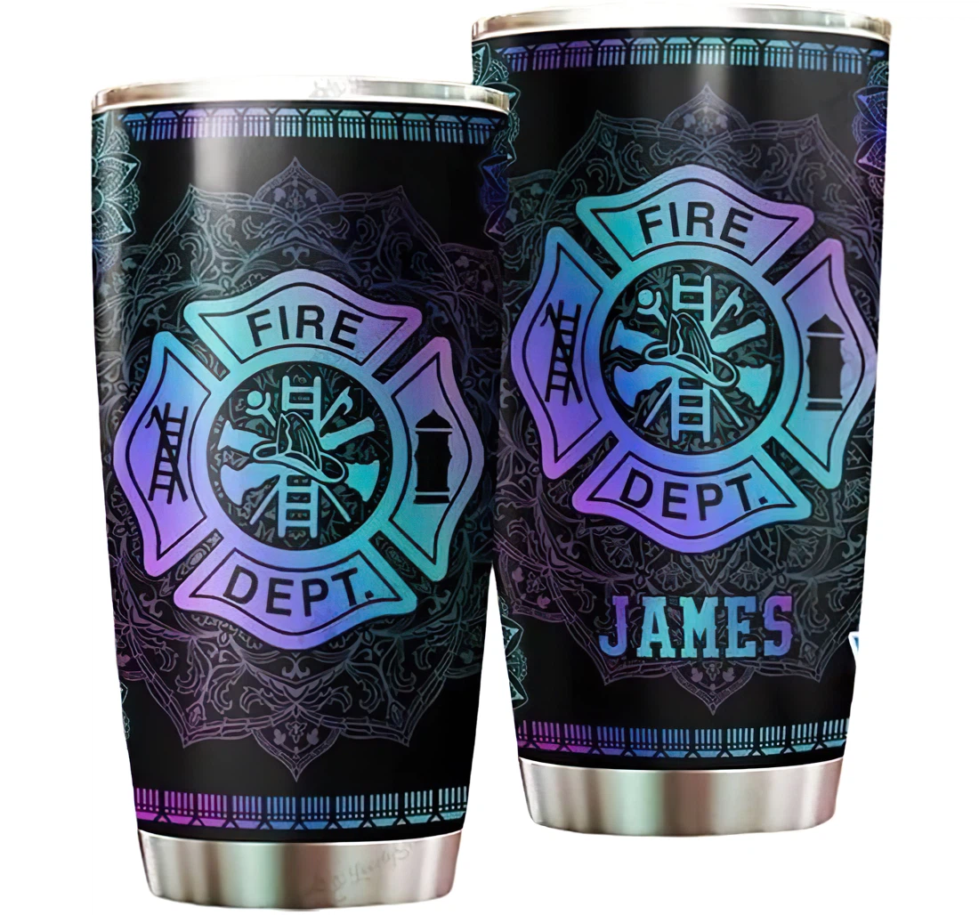 Personalized Name Firefighter Badge Purple Logo Or Home Outdoor Office School Tumbler 20oz With Lid, Travel Coffee Mug