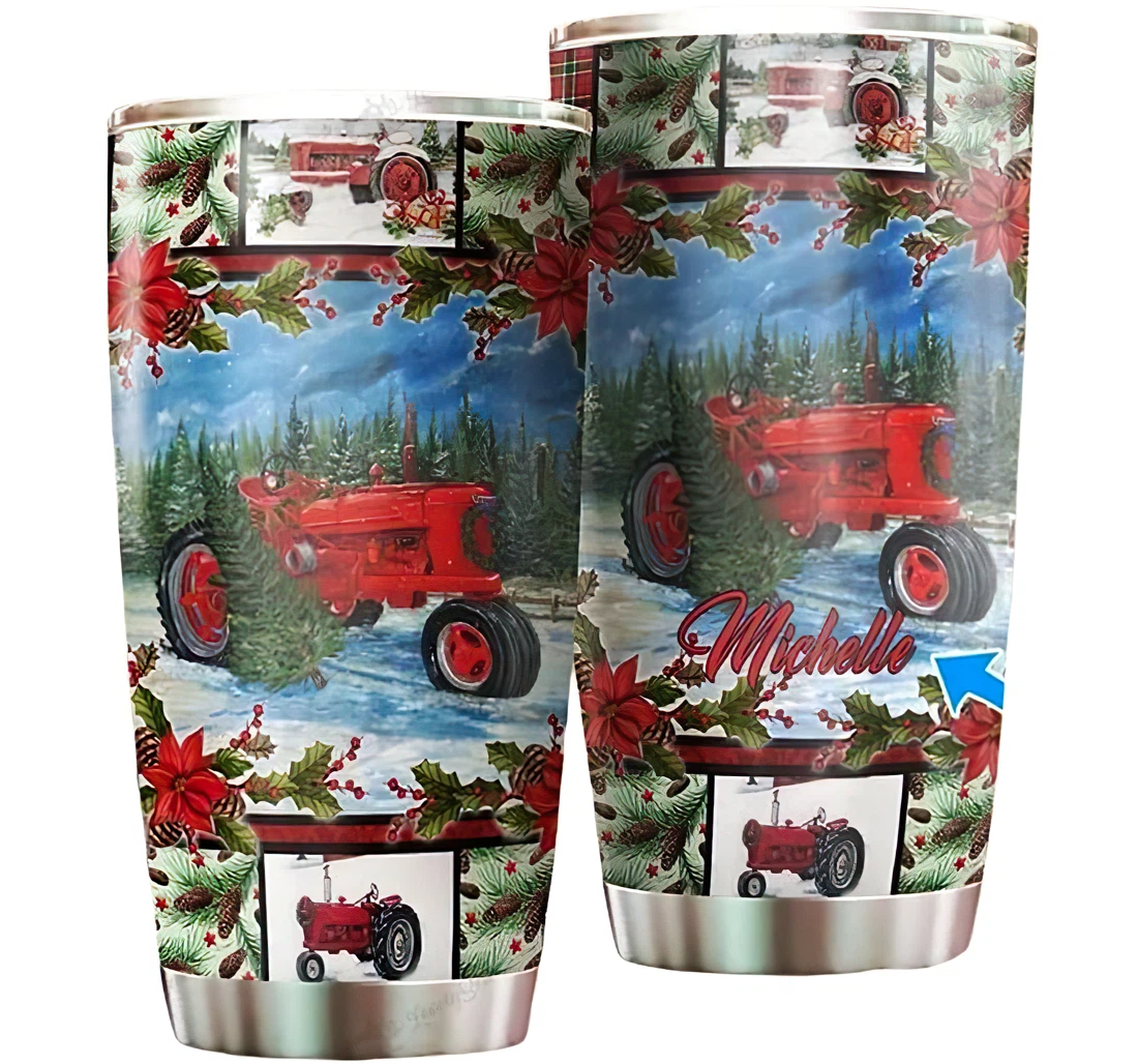 Personalized Name Christmas Red Tractor And Pine Or Home Outdoor Office School Tumbler 20oz With Lid, Travel Coffee Mug