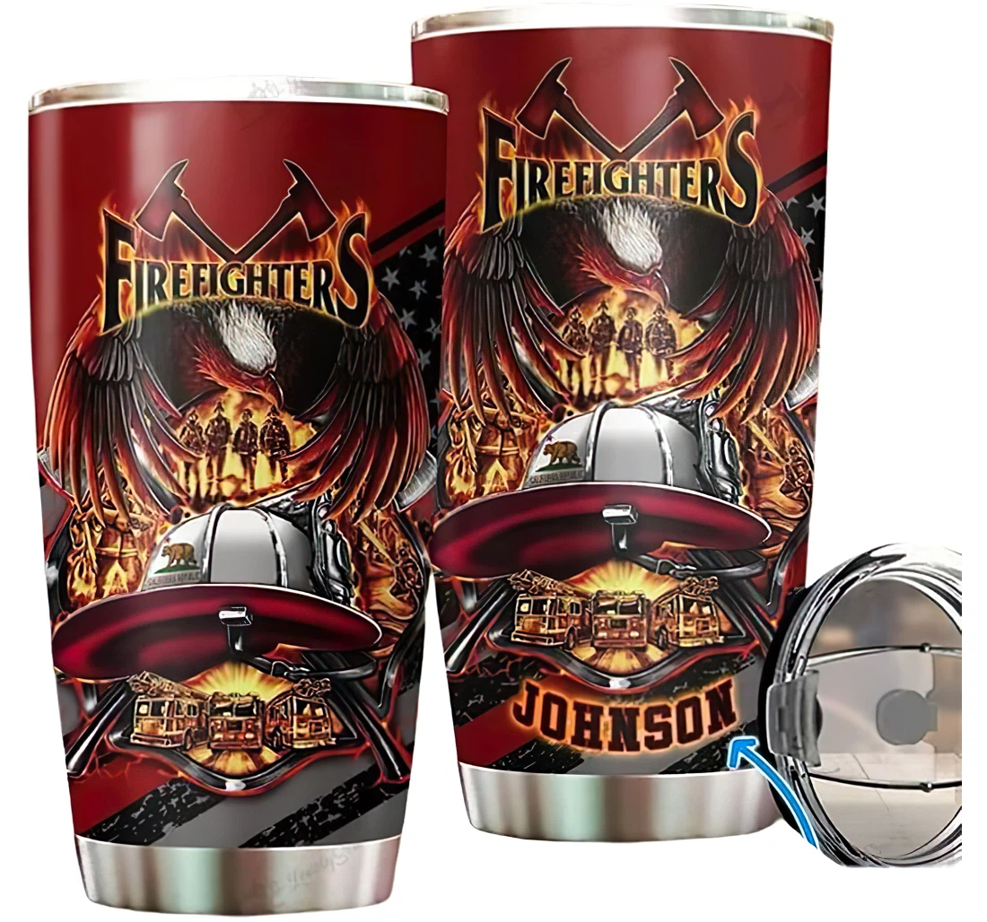 Personalized Name Florida Firefighter Heroes Fire Symbol 1 Or Home Outdoor Office School Tumbler 20oz With Lid, Travel Coffee