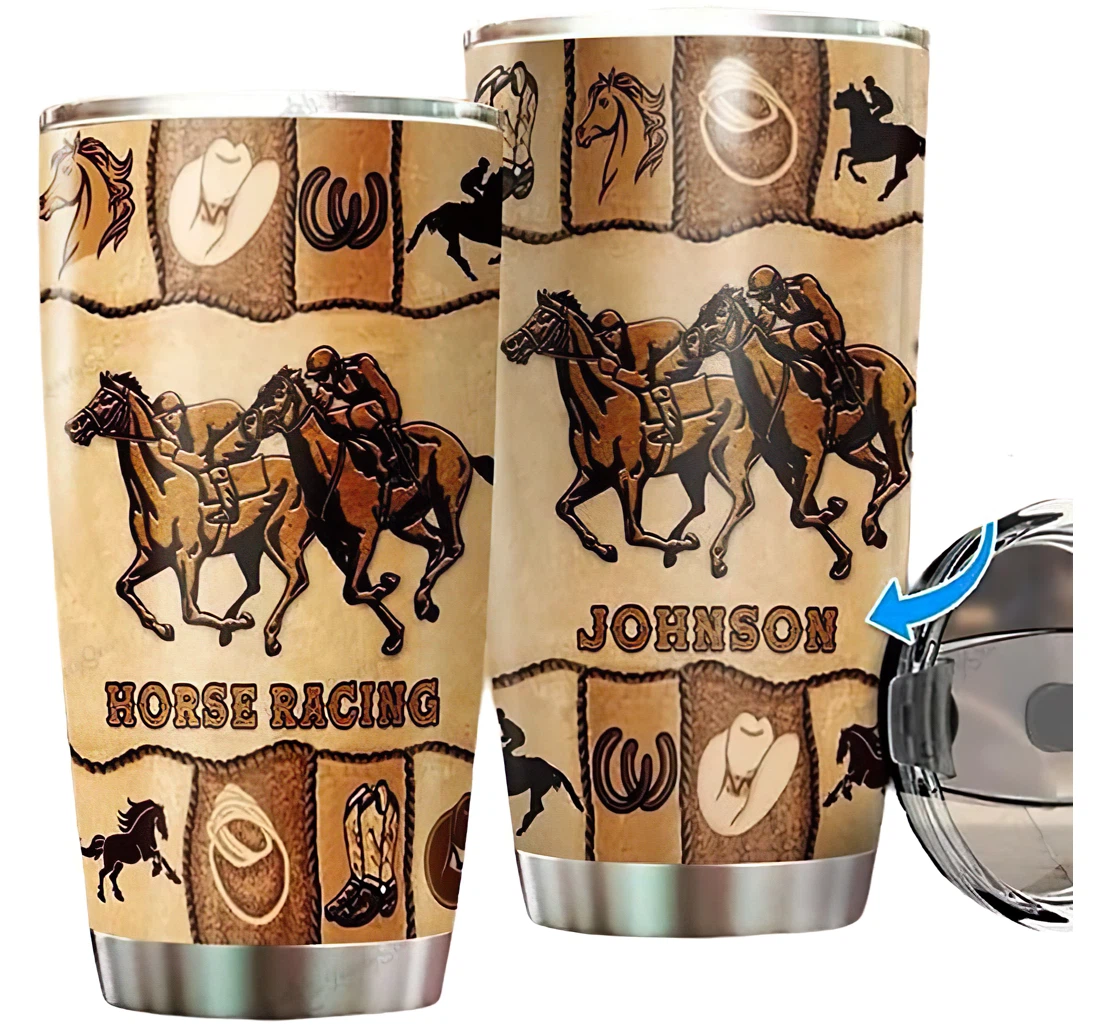 Personalized Name Horse Racing Brown Vintage Pattern Or Home Outdoor Office School Tumbler 20oz With Lid, Travel Coffee Mug