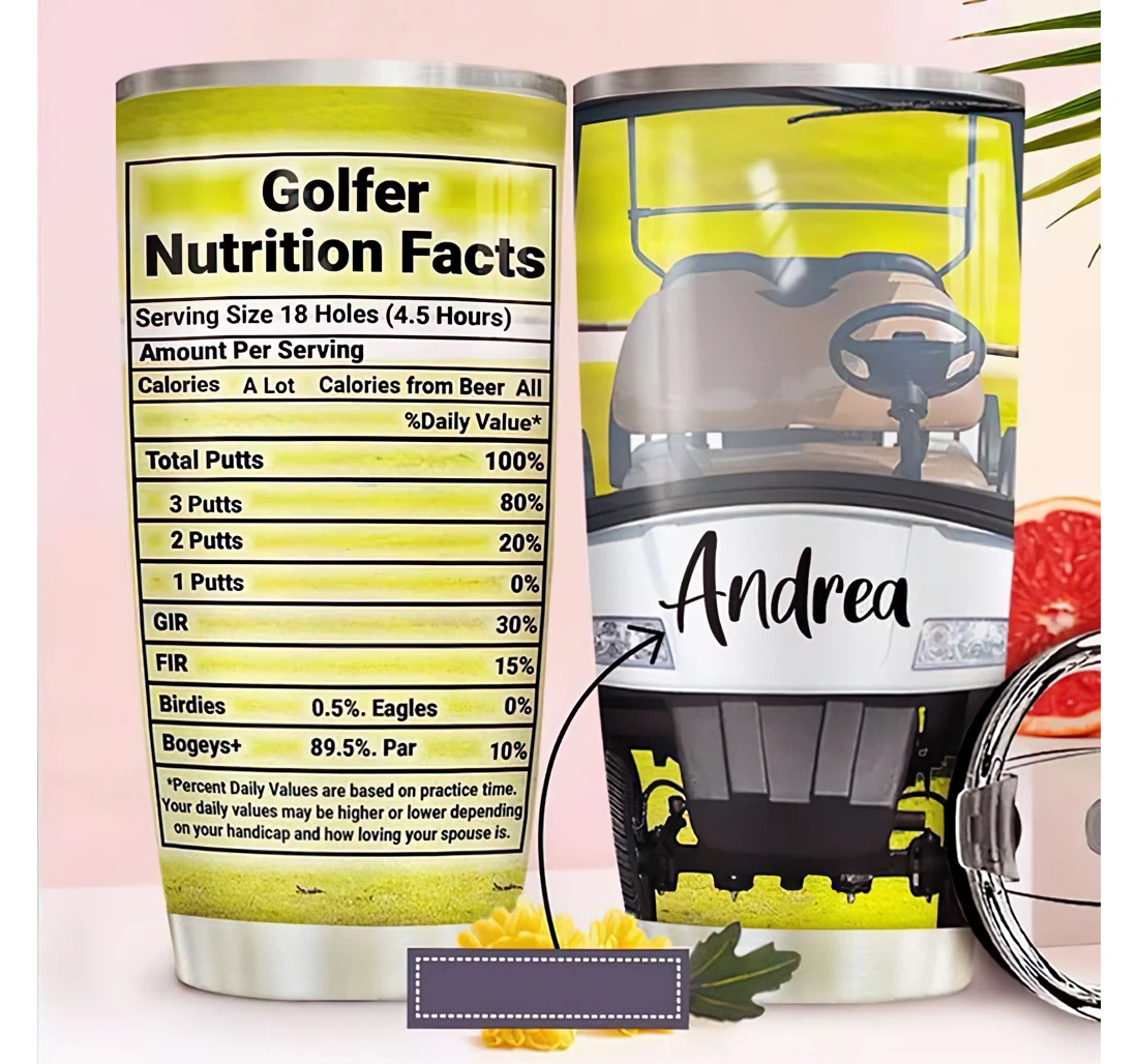 Personalized Name Golf Facts Golfer Nutrition Facts Or Home Outdoor Office School Tumbler 20oz With Lid, Travel Coffee Mug