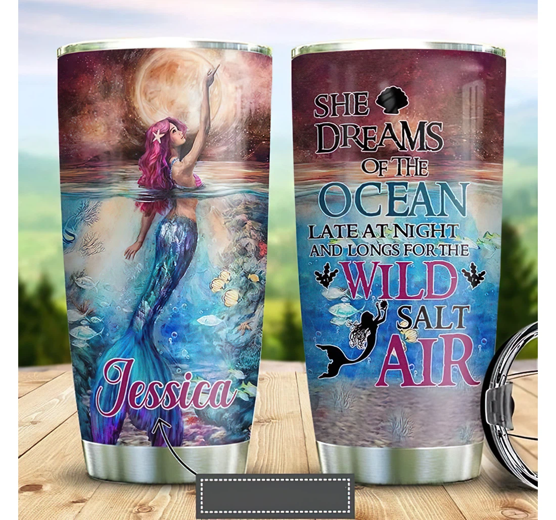 Personalized Name Mermaid Ocean Dream Or Home Outdoor Office School Tumbler 20oz With Lid, Travel Coffee Mug