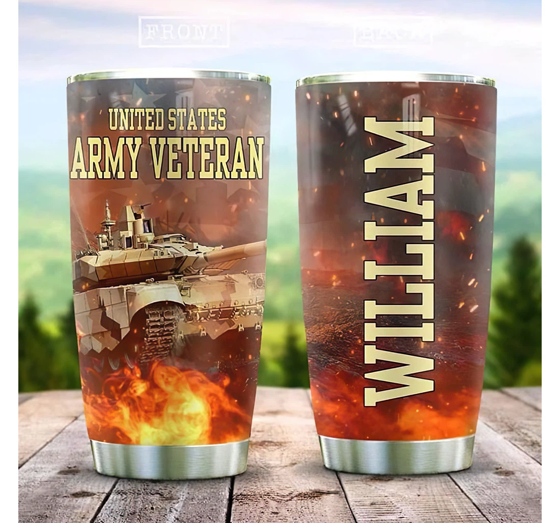 Personalized Name Us Picture Veteran War Tank Fire Art Or Home Outdoor Office School Tumbler 20oz With Lid, Travel Coffee Mug