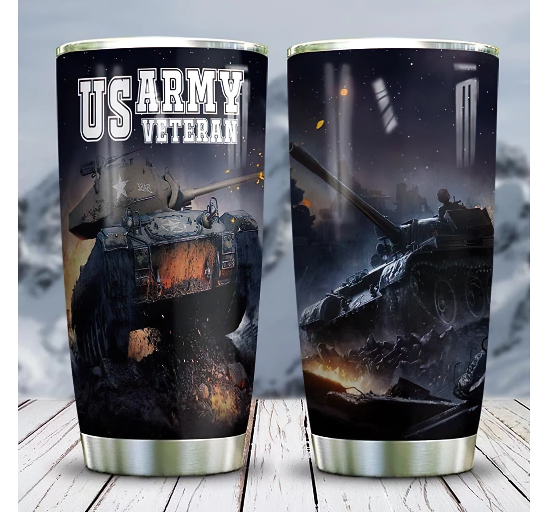 Personalized Name Picture Us Army Veteran War Tank Or Home Outdoor Office School Tumbler 20oz With Lid, Travel Coffee Mug