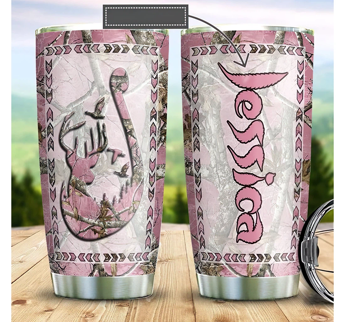 Personalized Name Hunting Fishing Pink Camo Pattern Or Home Outdoor Office School Tumbler 20oz With Lid, Travel Coffee Mug