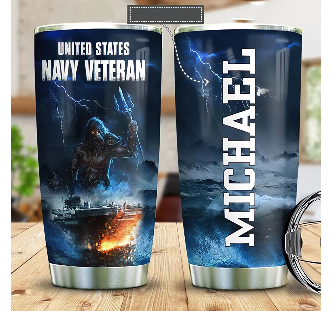 Personalized Name Navy Veteran Poseidon Ship On The Ocean Art Or Home Outdoor Office School Tumbler 20oz With Lid, Travel Mug