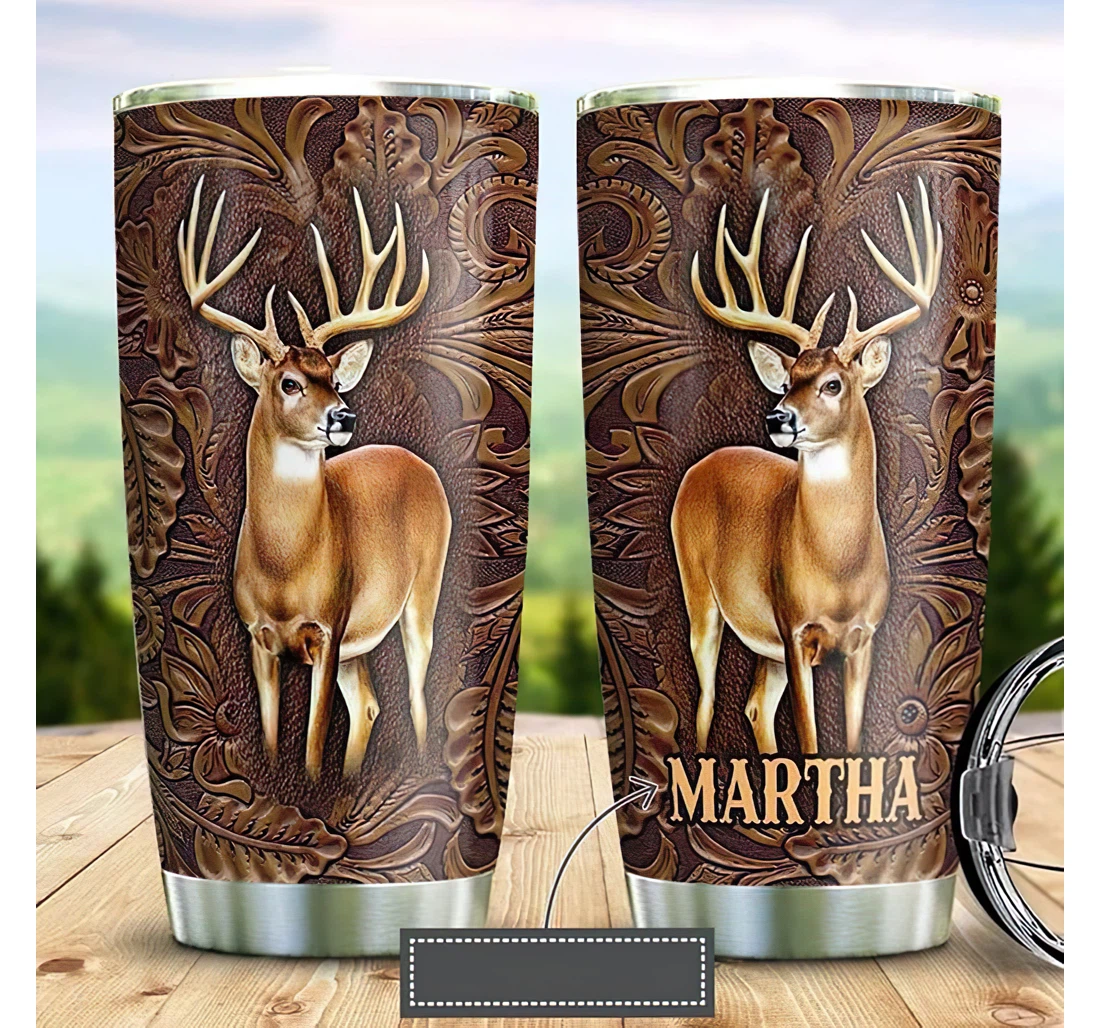 Personalized Name Deer Leather Leaves Pattern Floating Motifs Or Home Outdoor Office School Tumbler 20oz With Lid, Travel Mug