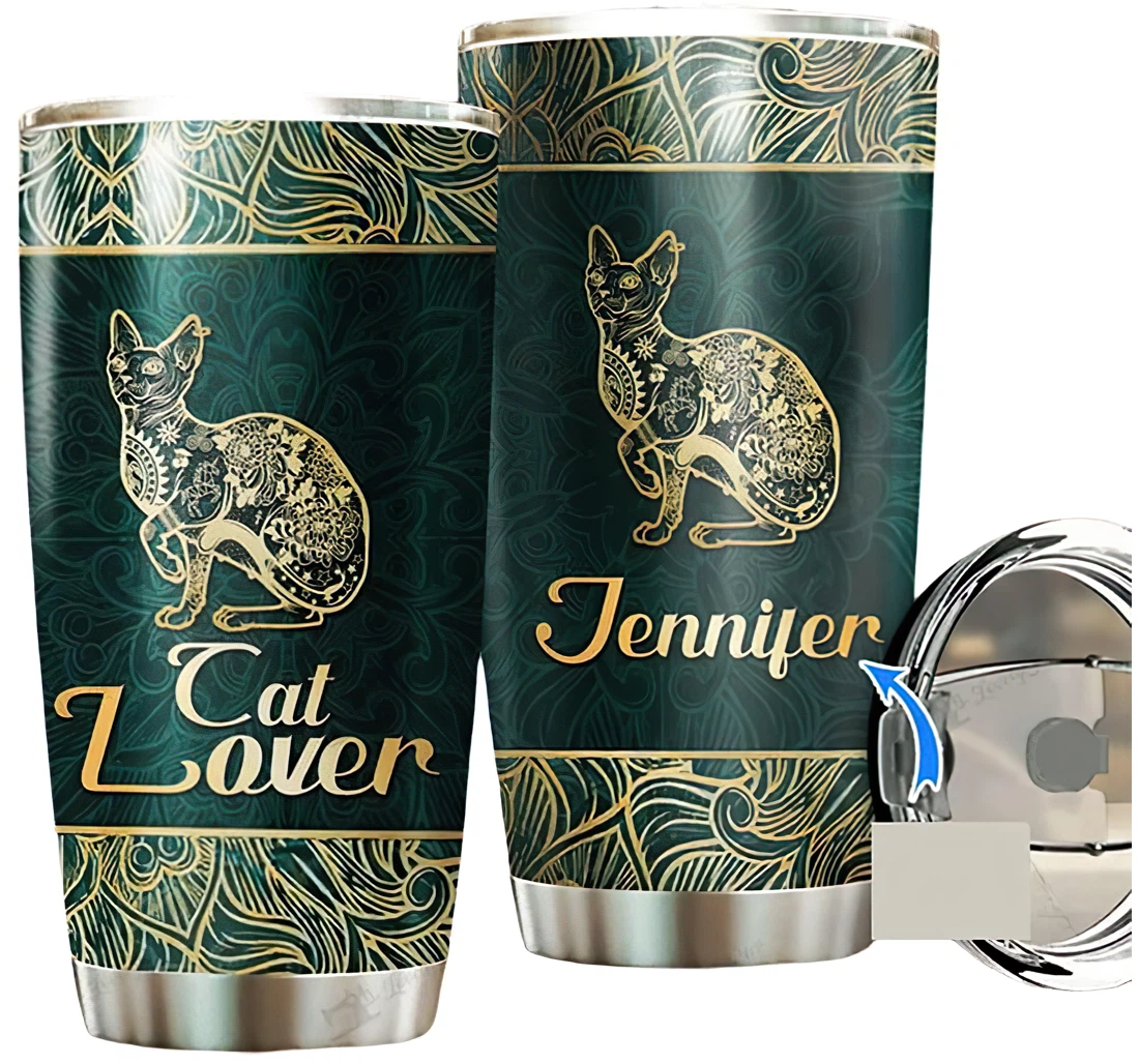 Personalized Name Sphynx Lover Love Cat Gold And Green Pattern Or Home Outdoor Office School Tumbler 20oz With Lid, Travel Mug