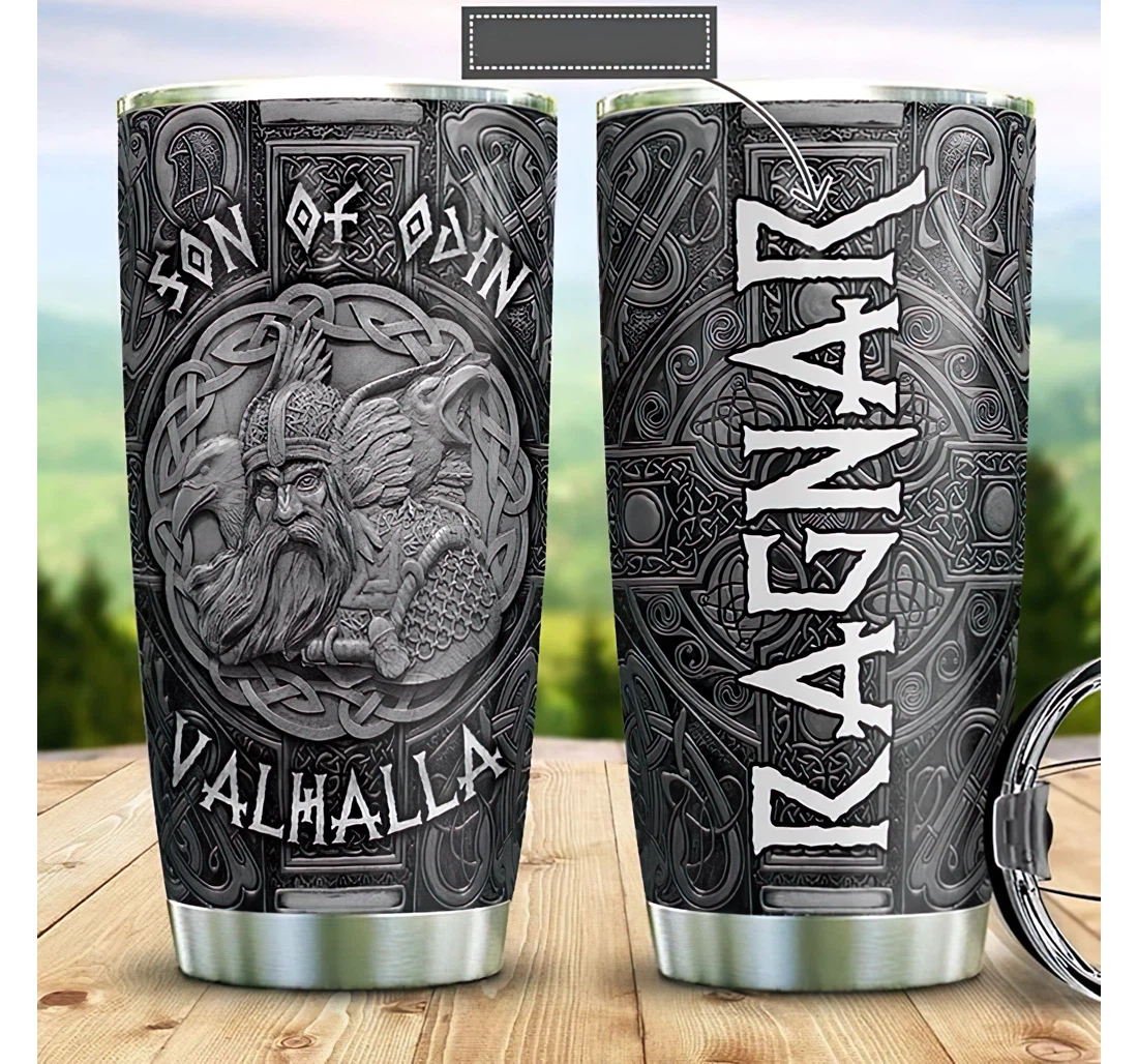 Personalized Name Viking Odin Raven Silver Style Or Home Outdoor Office School Tumbler 20oz With Lid, Travel Coffee Mug