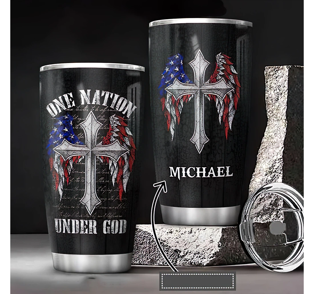 Personalized Name American Wings Cross One Nation Under God Cross Or Home Outdoor Office School Tumbler 20oz With Lid, Travel