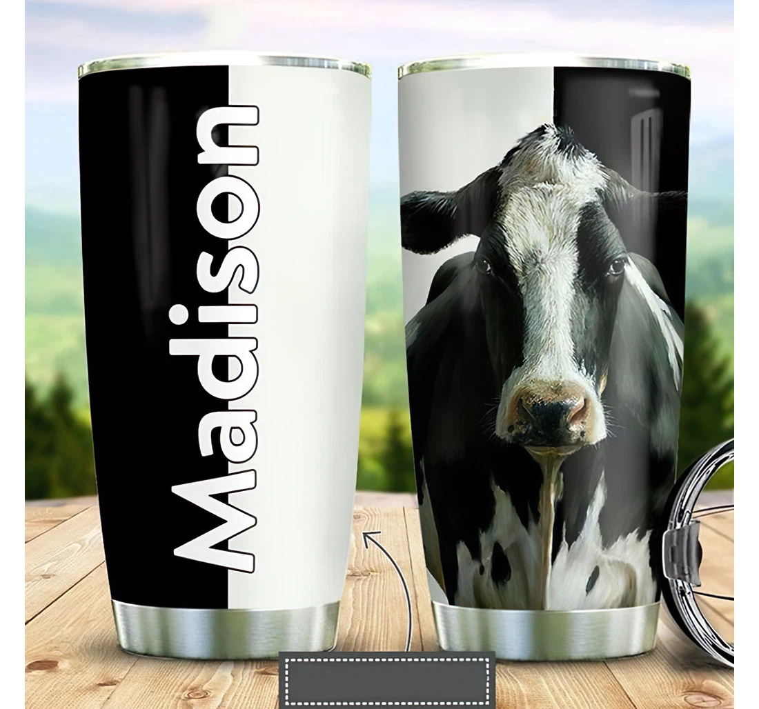 Personalized Name Dairy Cattle Black & White Or Home Outdoor Office School Tumbler 20oz With Lid, Travel Coffee Mug