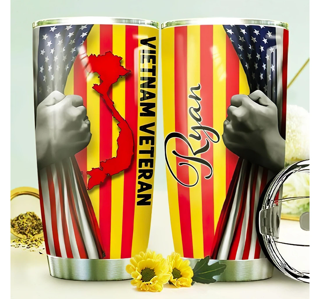 Personalized Name Vietnam Veteran Us Flag N Vietnam Map Or Home Outdoor Office School Tumbler 20oz With Lid, Travel Coffee Mug
