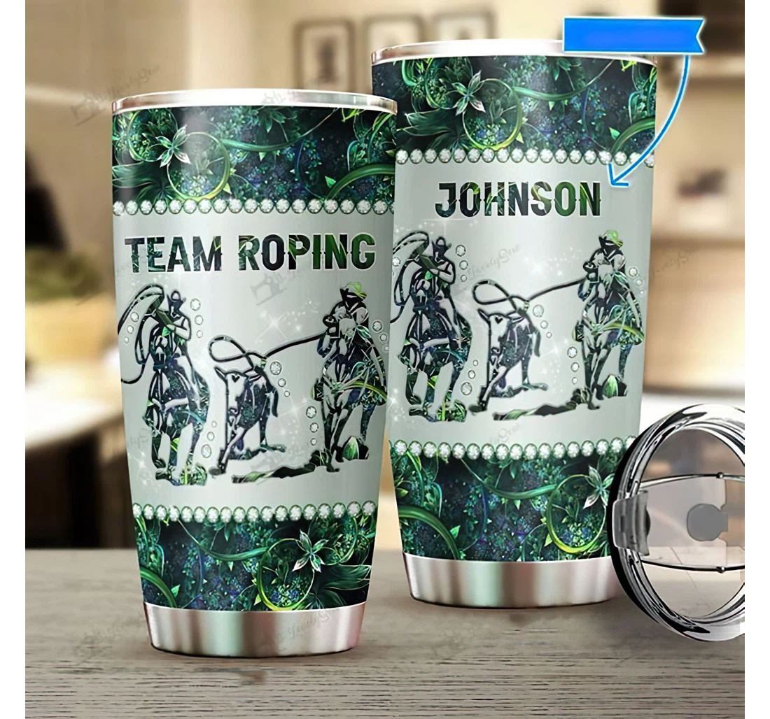 Personalized Name Team Roping Green Leaves And Flower Pattern Or Home Outdoor Office School Tumbler 20oz With Lid, Travel Mug