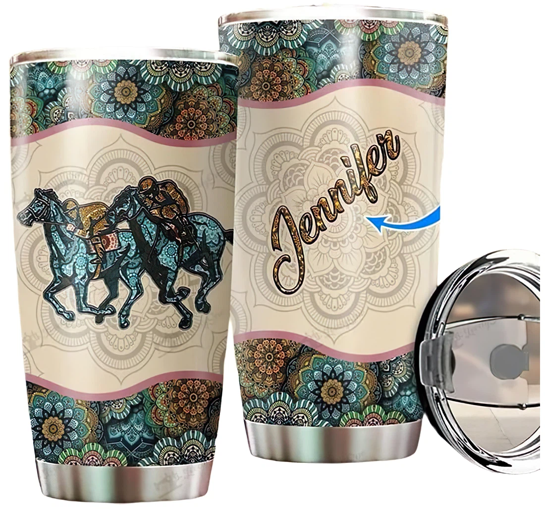 Personalized Name Horse Racing Mandala Pattern Or Home Outdoor Office School Tumbler 20oz With Lid, Travel Coffee Mug