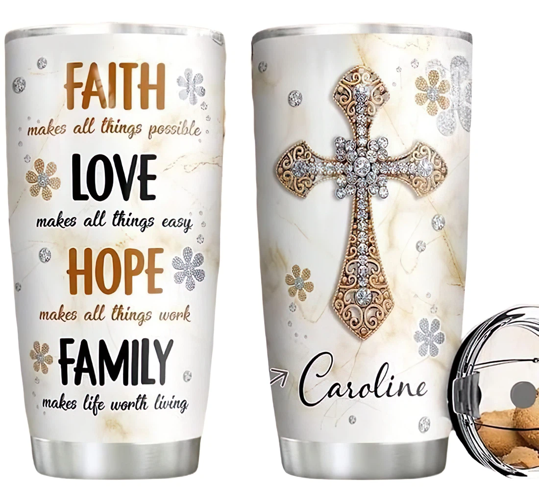 Personalized Name Faith Hope Love Family Cross Gemstone Or Home Outdoor Office School Tumbler 20oz With Lid, Travel Coffee Mug