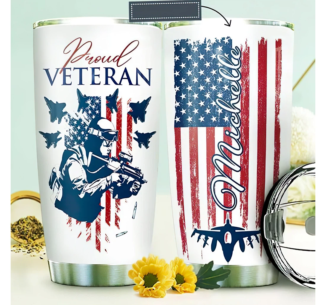 Personalized Name Us Proud Veteran Us Flag Art Or Home Outdoor Office School Tumbler 20oz With Lid, Travel Coffee Mug