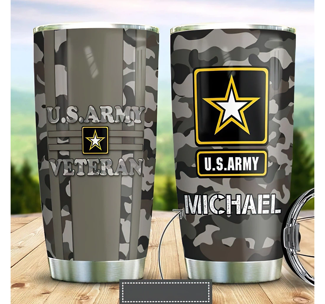 Personalized Name Us Army Veteran Grey Camo Or Home Outdoor Office School Tumbler 20oz With Lid, Travel Coffee Mug