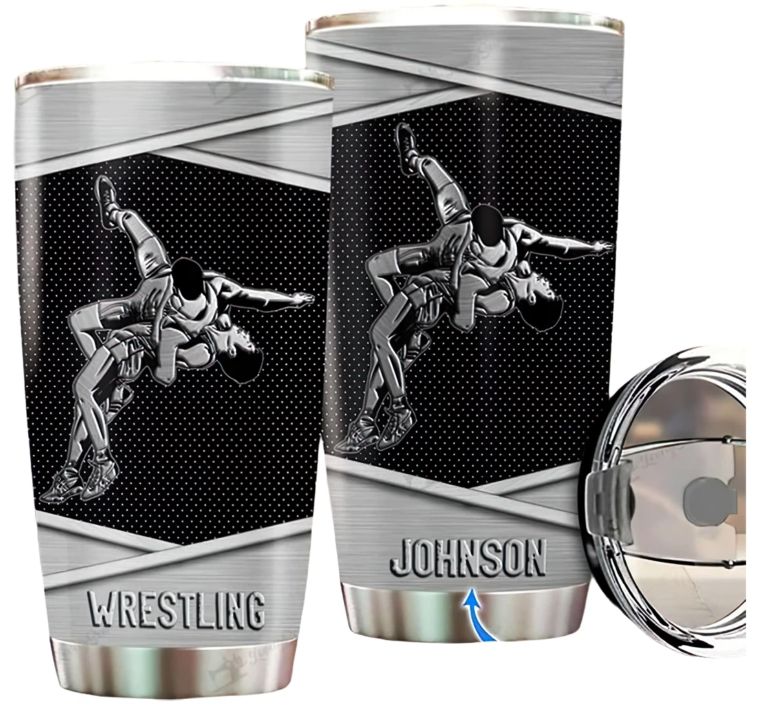 Personalized Name Wrestling Silver Style Or Home Outdoor Office School Tumbler 20oz With Lid, Travel Coffee Mug