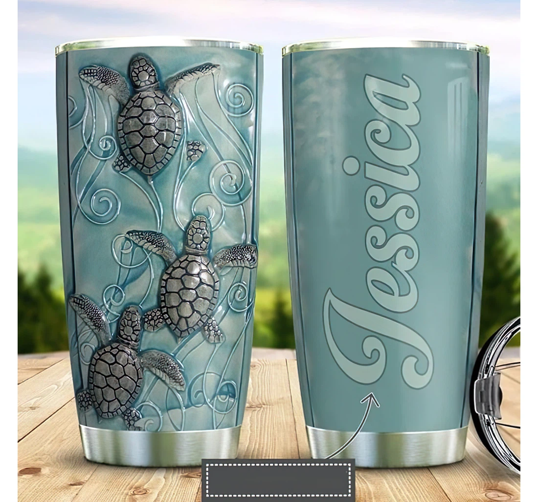 Personalized Name Turtle Ocean Stone Floating Motifs Or Home Outdoor Office School Tumbler 20oz With Lid, Travel Coffee Mug