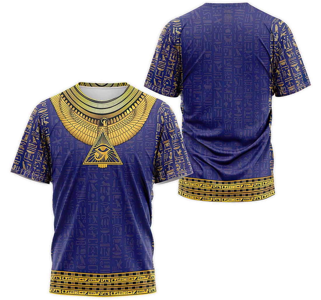 T-Shirt, Hoodie - Egyptian Gold Wings Of Horus Ancient Egyptian Blue Hieroglyphic Pattern 3D Printed