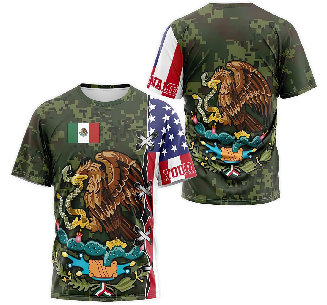 T-Shirt, Hoodie - Custom Name Mexico Coat Of Arms Army US Flag Camo 3D Printed