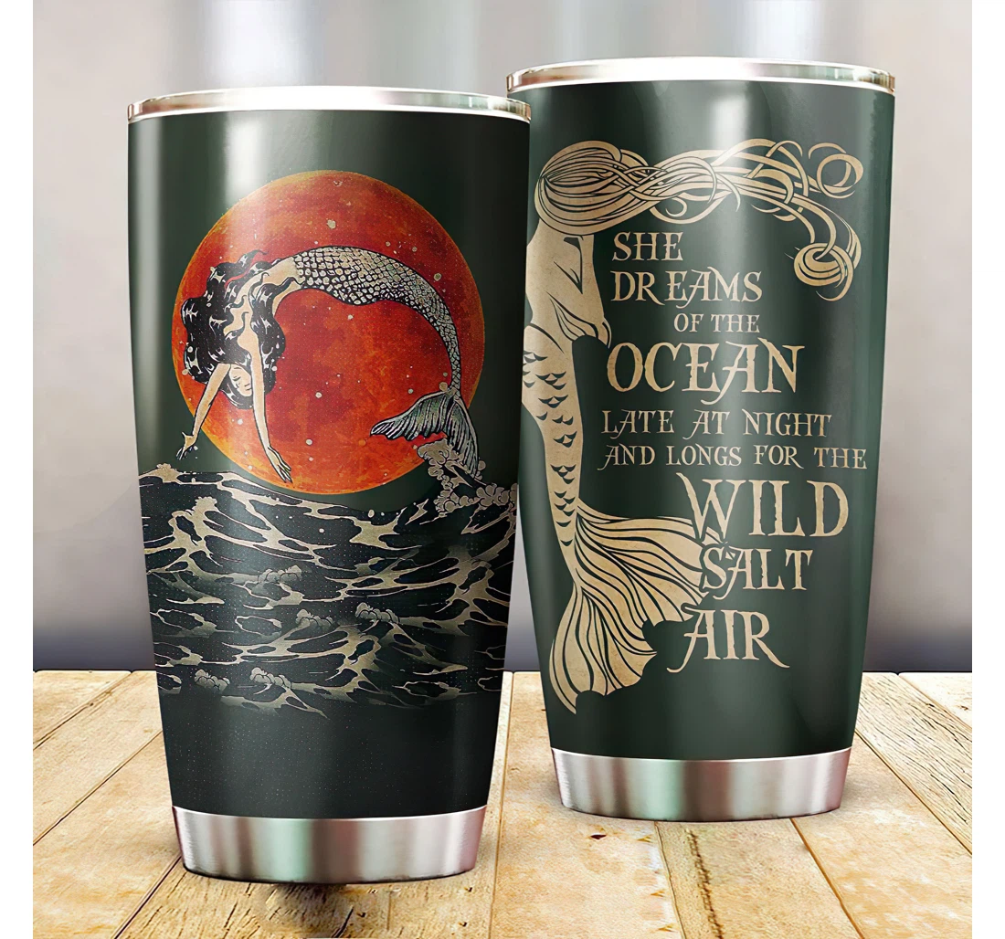 Beautiful Red Moon She Dreams Of The Ocean Late Night Gift Yourself Your Friends Your Kids Mermaid Lovers Customized Steel 20oz